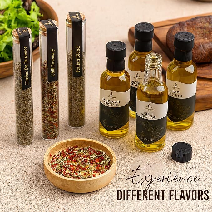 Infused Olive Oil Gift Set – Variety Pack - 4 Flavored Olive Oil Extra Virgin, 3 Spice Flavorful Infusion Blends, Bread Dipping Bowl & Recipe Booklet - Set of 8 – Gourmet Cooking Gifts for Women