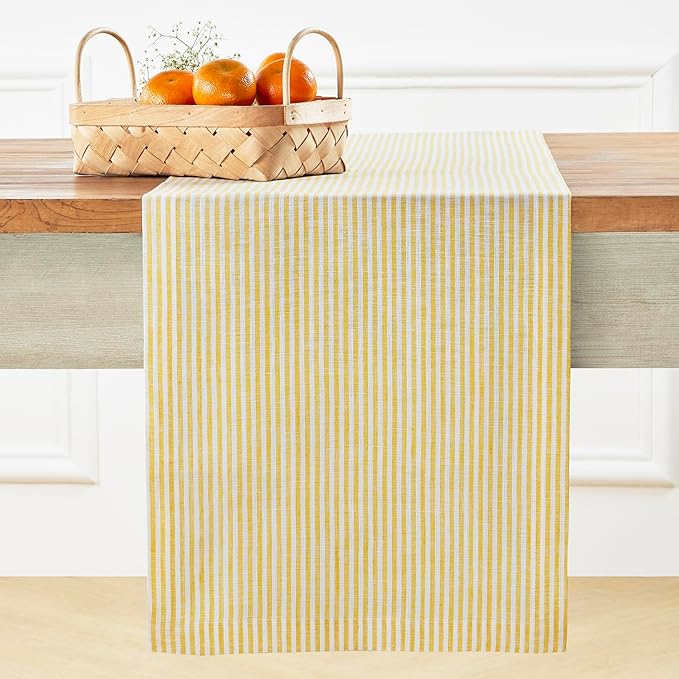Solino Home Linen Table Runner 120 Inches Long - Narrow Stripe, 100% Pure Linen Spicy Mustard and White Table Runner 14 x 120 Inch for Dining, Spring, Easter