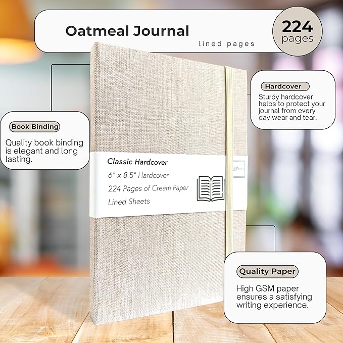 Portage Lined Hardcover Aesthetic Notebook Writing Journal – Bleed-Proof Paper Notepad for Journaling, High GSM, A5 Notebook, Cream Pages - Oatmeal, 6 x 8.5 Inches, 224 Pages