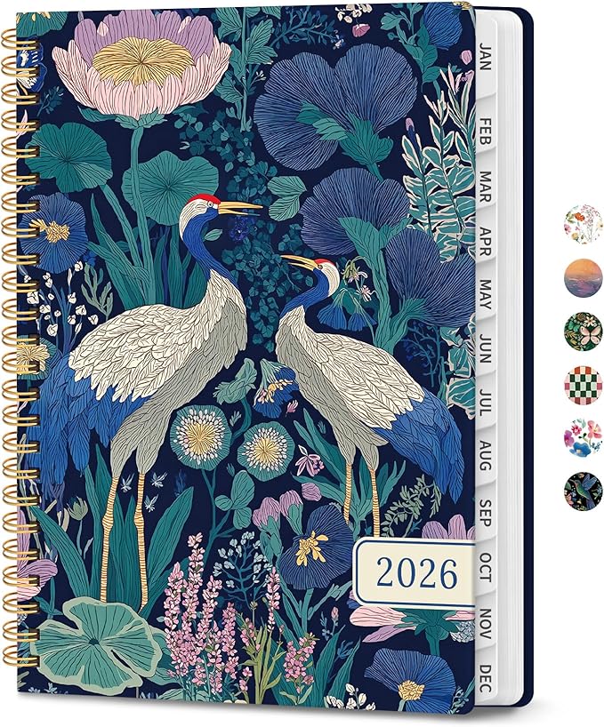 2026 Planner, Weekly and Monthly Calendar Planner for Women, Jan 2026 - Dec 2026, Hardcover Planning Agenda book with Tabs, Spiral Bound, Inner Pocket, Perfect for School Office Supplies, 6.3" x 8.5" - Midnight Cranes