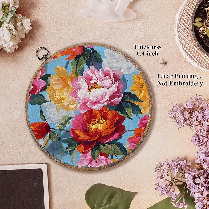 FUGWN Vintage Peony Floral Round Wall Art Decor Framed, Cottagecore Floral Canvas Artwork Prints, Rustic Farmhouse Flower Wall Hanging Decorations for Home Bedroom Living Room, 10x10 Inch