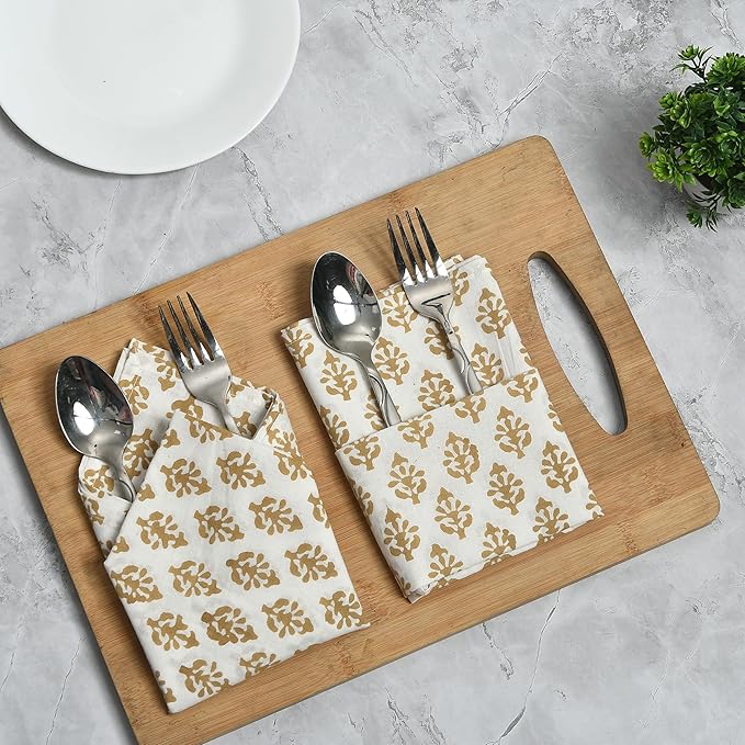 CPC Cloth Napkins Set of 4 Cotton Printed Dinner Hand Print Napkins I Wedding Cocktail Cloth Floral Napkins I 18x18 in I Yellow Flower
