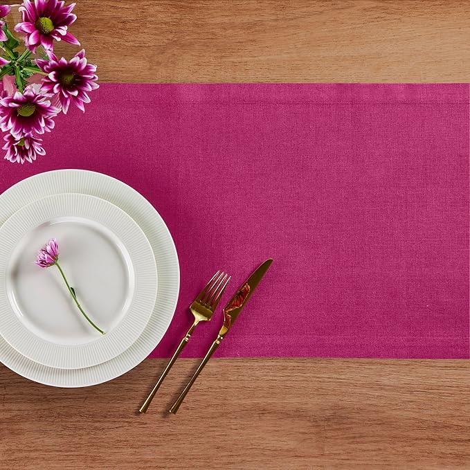 Solino Home Linen Table Runner 90 Inches Long - 100% Pure Linen Festive Fuchsia Table Runner 14 x 90 Inch for Valentines, Spring, Easter - Diana Medium Weight