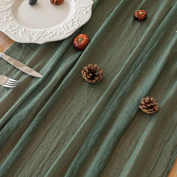 Keketoarrange 3Pcs Forest Green Gauze Rustic Cheesecloth Table Runner 120 Inch 10 FT for Wedding Baby Shower Bridal Shower Birthday Engagement Garden Outdoor Party Long Sheer Boho Decorations