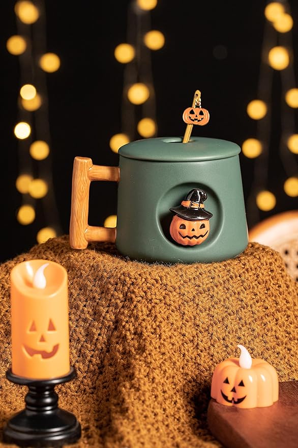 DIHOclub Adorable 3D Ceramic Pumpkin Head Mug with Lid and Spoon - Perfect for Coffee, Tea, Milk, and More - Ideal Gift for Halloween - 14 Ounces (HalloweenG)