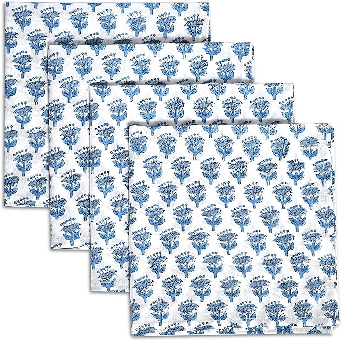 CPC Cloth Napkins 100% Cotton Set of 4 Reusable Napkins, Indian Block Print Toile Floral Dinner Napkin, Fall Thanksgiving Christmas Holiday Party Gift - Soft Absorbent Napkin, 18"x18" Apatite Blue