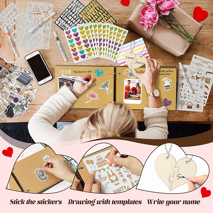 CY2SIDE Book of Us Wooden Scrapbook - 111PCS The Little Book of Us Photo Album Scrapbook Craft Kit Included Wood Cover Heart Puzzle Brown Paper Sticker and Template for DIY Dating Anniversary
