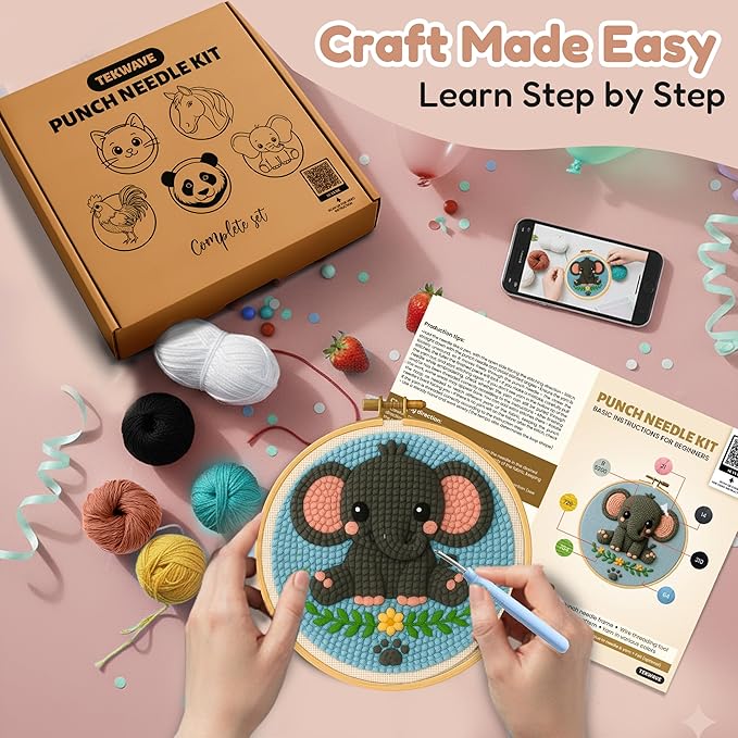 TEKWAVE Punch Needle Kit for Adults Beginners Little Elephant Design, Step-by-Step Video Pre-Printed Pattern and Written Instructions, DIY Embroidery Set with Yarn, Fabric, Hoop for Home Decor Crafts