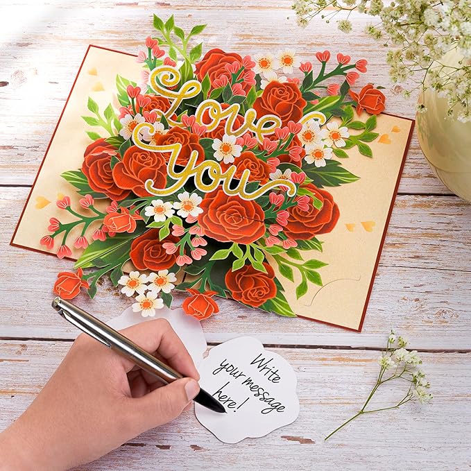 Floral Red Roses Pop Up Card, Love You, Elegant 3D Greeting Cards, Gifts for Birthday, Mothers Day, Anniversary, Valentines Day, 5x7 - Includes Envelope And Message Note