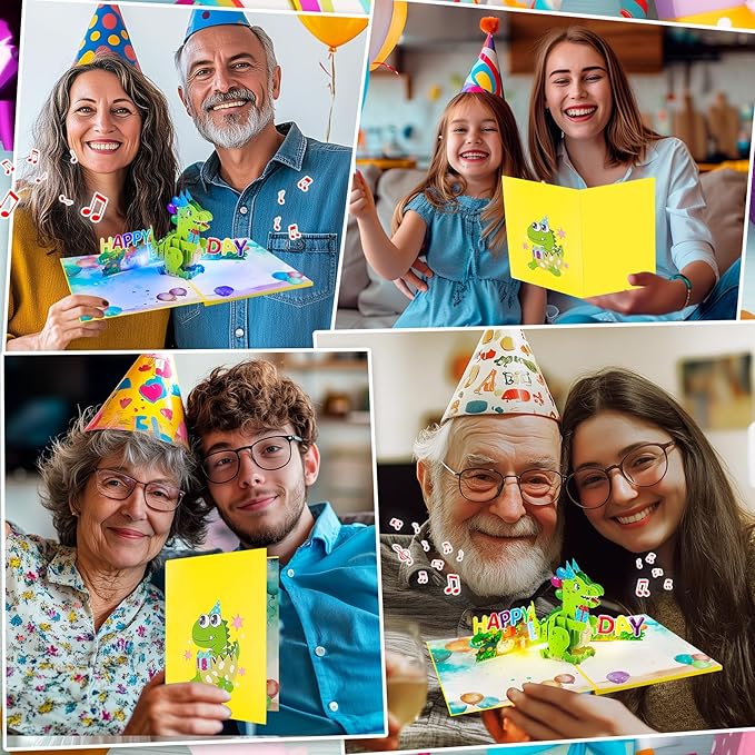 GREETING ART Dinosaur Musical Birthday Cards for Kids, Light & Music Pop Up Birthday Cards with Envelope, Dinosaur Theme Birthday Party Gifts for Son Grandson Women Men