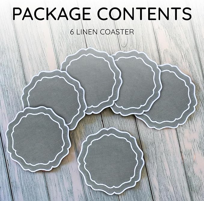 Drink Coasters Set of 6, 6x6 inch, Absorbent Linen Drink Mats with Scalloped Edge, Reusable Handmade Coffee Coasters for Home Decor & Tabletop Protection & Gift Giving (Sage)