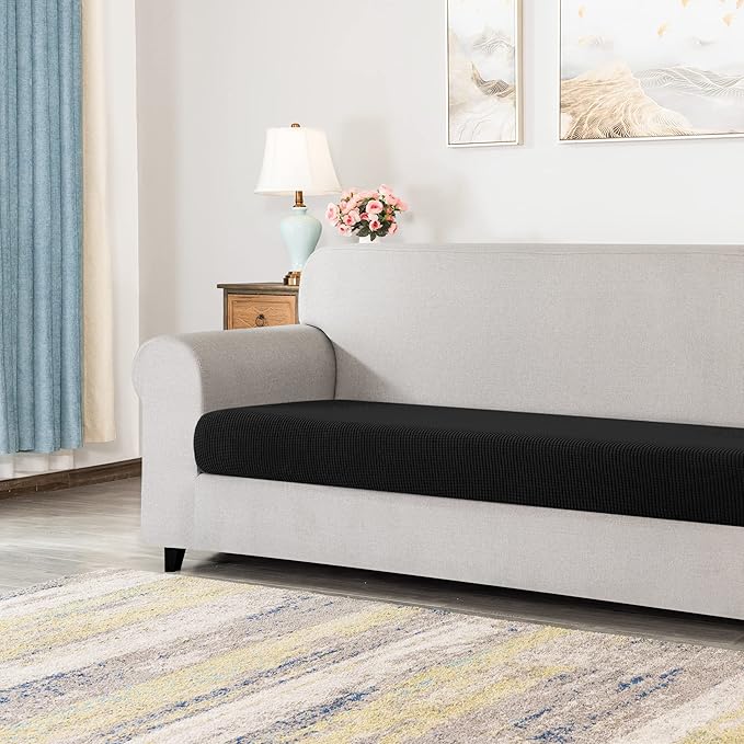 CHUN YI Stretch Couch Cushion Cover Suitable for 3 Settee, Sofa Seat Slipcover with Spandex Jacquard Fabric(Large,Black)