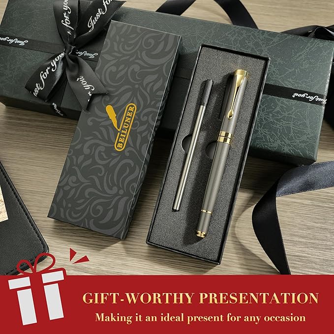 BEILUNER Ballpoint Pens, Stunning Grey Chrome Metal Pen with Golden Trim, Fancy Ball Pen Gift Set for Men & Women, Professional, Executive, Office,Journal Pens-Gift Box with 0.5mm Black Extra Refill