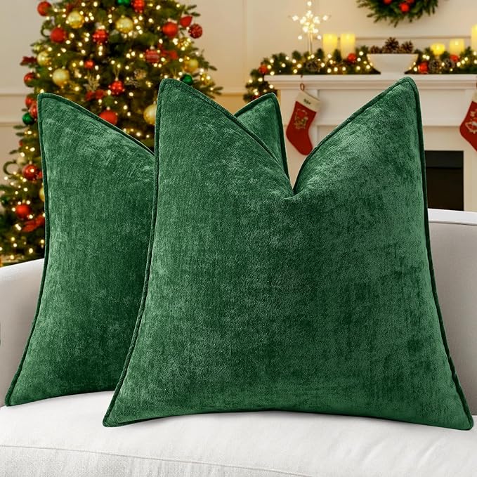 decorUhome Spring Couch Euro Sham Throw Pillow Covers 26x26 Set of 2, Decorative Soft Velvet Neutral Chenille Pillow Covers with Elegant Design for Sofa Bed Living Room Home Decor, Green