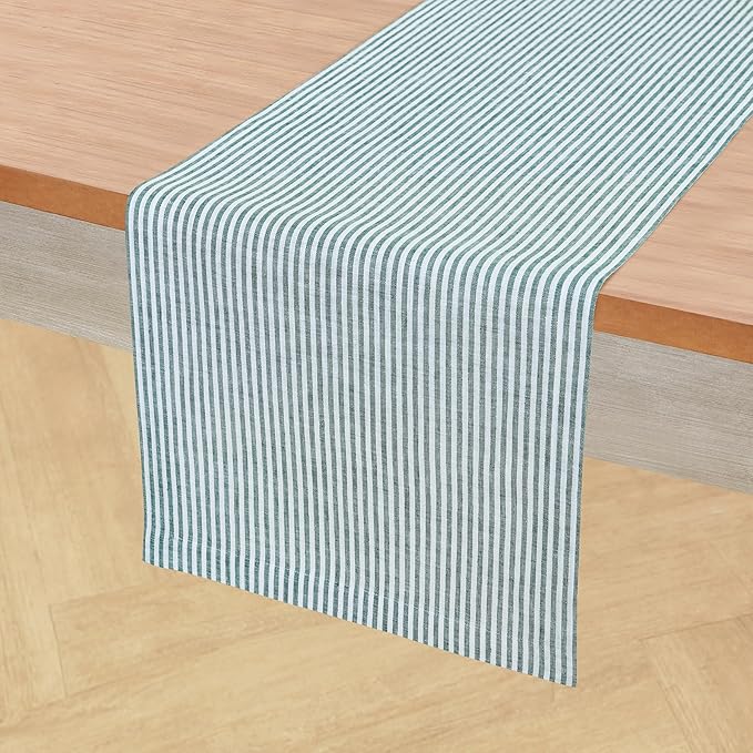 Solino Home Linen Striped Table Runner 108 Inches Long - Narrow Stripe 100% Pure Linen Rainforest and White Dining Table Runner 14 x 108 Inch for St Patricks Day