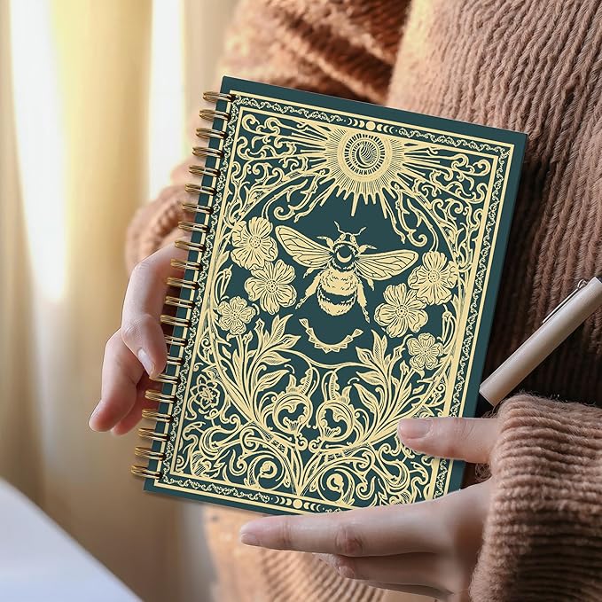 Witchy Gold Bumble Bee Notebook, Mystical Celestial Bees Floral Journal, Gifts for Bee Lovers Women, Vintage Witchy Magical Insect Spiral Journal Notebook, 5.5x8.3 Inch