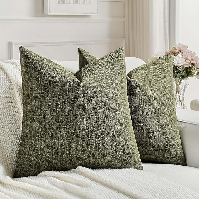 FUTEI Moss Green Chenille Decorative Throw Pillow Covers 26x26 Inch Set of 2,Soft Cozy Faux Linen Textured Euro Pillow Shams,Farmhouse Home Decor for Couch Living Room