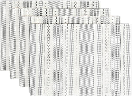 Over&Back Set of 4 Reversible Woven Placemats - Colorful Dining Room Table Mat - UVA/UVB-Proof Polypropylene - Indoor and Outdoor Kitchen and Home Decor - Striped - Grey - Rectangle