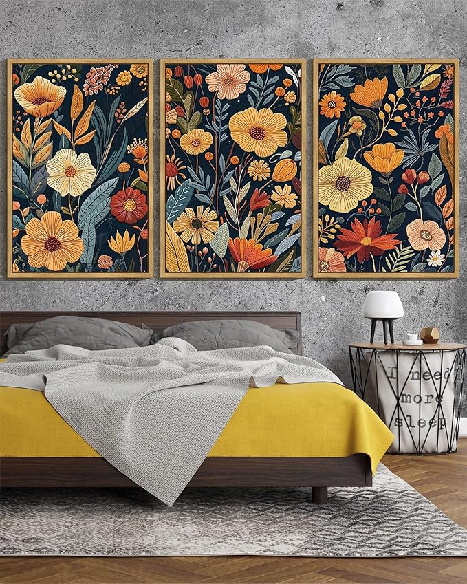 KUVIOKE Vintage Flower Framed Wall Art Colorful Boho Floral Wall Decor Botanical Retro Wildflower Modern Artwork Bedroom Living Home Decor 24x36in (Natural Framed)
