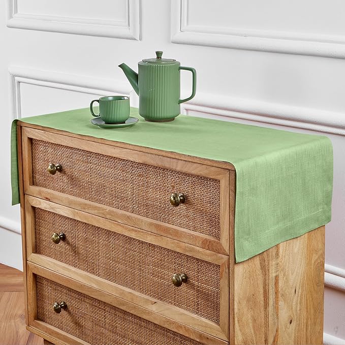 Solino Home Linen Table Runner 72 Inches Long - 100% Pure Linen Laurel Green Dining Table Runner 14 x 72 Inch for Spring, St Patricks Day, Easter - Fete