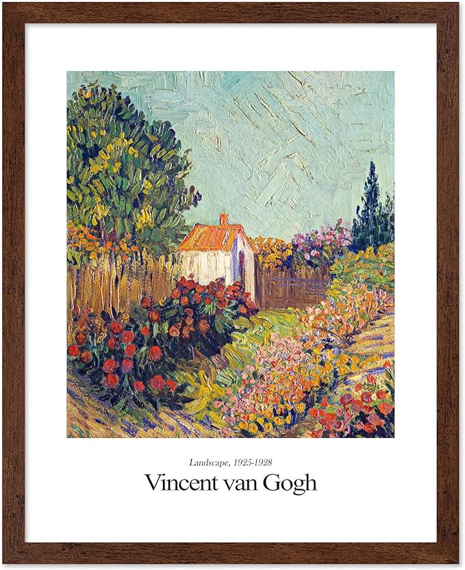 Monem Art Vintage Van Gogh Poster - Retro Impressionist Print - Flower Garden, Cottage, Sky, Colorful, Landscape - Gift for Artist, Friend - Wall Decor for Home, Office, 8x10 Brown Framed