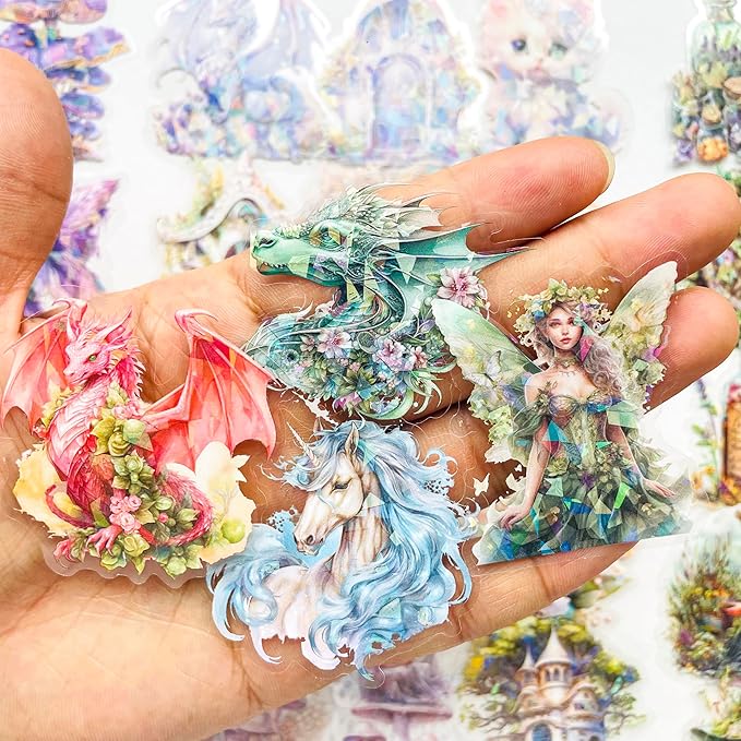 180PCS Fantasy Forest Witch Fairy Stickers – Aesthetic Dragon, Unicorn Clear Scrapbooking Supplies for Journaling, Resin Crafts, Watercolor Cryptid, Nature Decals for Planners & Notebooks