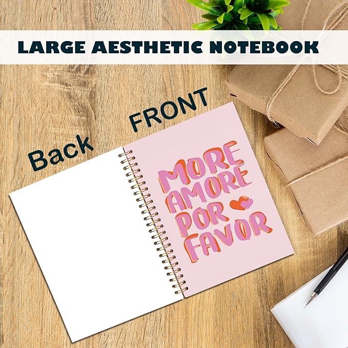 Preppy Pink Notebook, Trendy Girly Notebooks for Note Taking, MORE AMORE POR FAVOR Inspirational Journal for Women, Aesthetic Journal Spiral Notebook 5.5x8.3 Inch