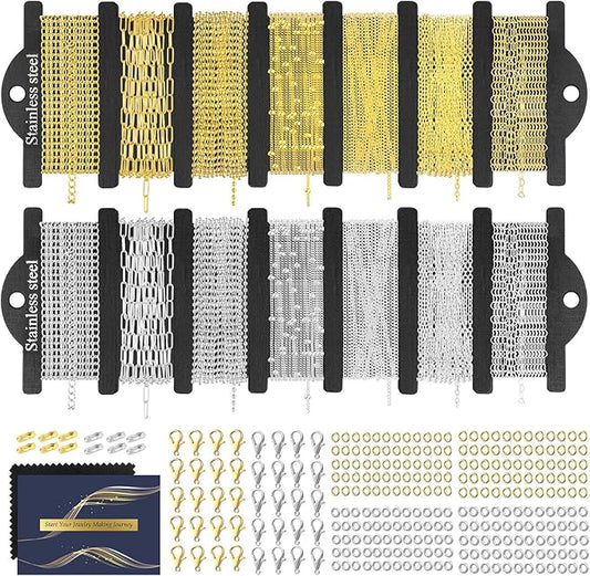 HUISUYTON Necklace Chain for Jewelry Making,45.93 FT 14 Rolls Stainless Steel Jewelry Chains Bulk with Jump Rings, Lobster Clasps, Connectors for DIY Necklace Earring Bracelet