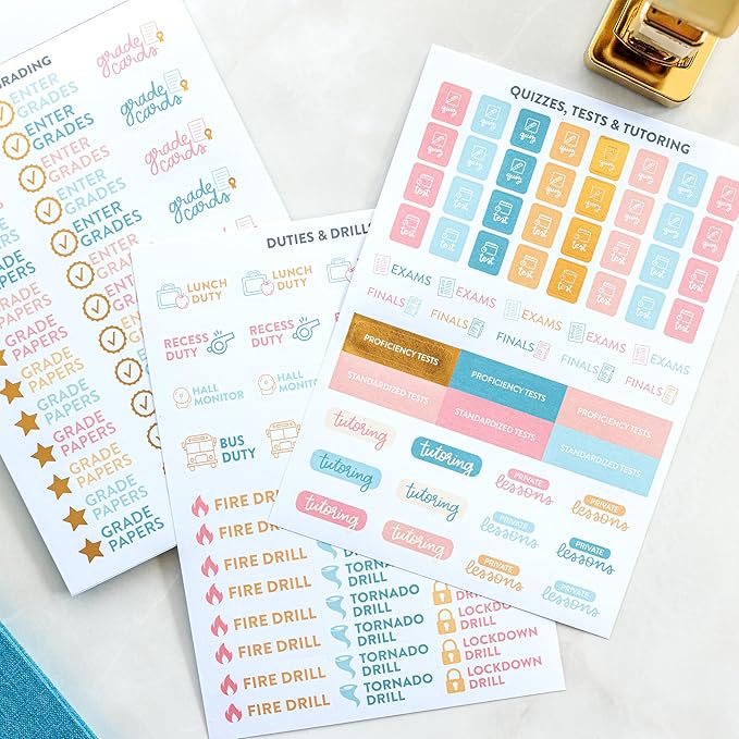 PPP Teacher Sticker Book | Pack of 15 | 503 Colorful Stickers | Assorted Sizes | 5x7 Sheets of Stickers | Gold Foil Stamping | Personalize Your Planner with Flags, Tabs, & Blocks for Educator Events