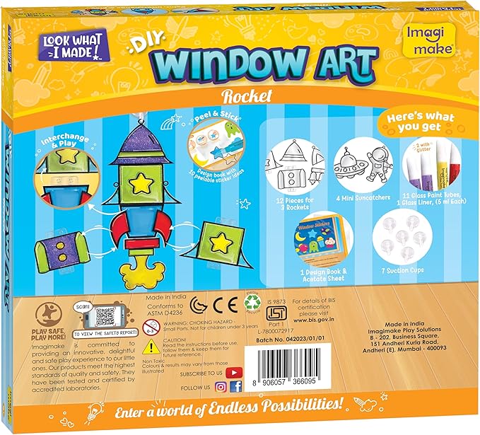 Imagimake Window Art for Kids - Rocket | Suncatcher Kits for Boys, Arts and Crafts for Ages 5-7 | Toys for Boys & Girls Ages 6-8-10-12 | Fun Christmas Gifts Toys for Kids Ages 5 6 7 8 9 10 11 12