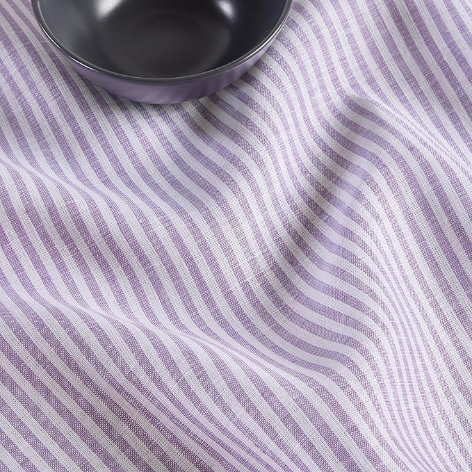 Solino Home Linen Table Runner 108 Inches Long - Narrow Stripe, 100% Pure Linen Lavender and White Table Runner 14 x 108 Inch for Dining, Valentines, Spring, Easter