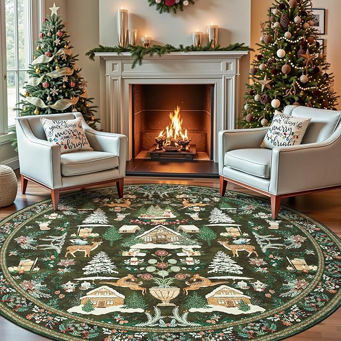 jinchan Round Christmas Rug for Dining Room 8ft Green Circle Holiday for Living Room Printed Christmas Tree and Cabin Rug 8' Soft Indoor Carpet for Bedroom Washable Non-Slip Winter Xmas Decor