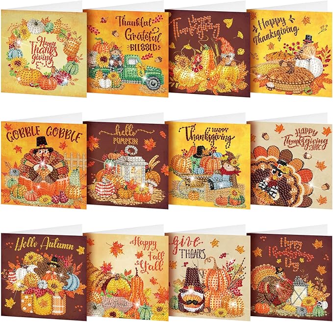 Saillong 12 Pack Thanksgiving Diamond Painting Greeting Card Kits DIY Fall Diamond Art Cards with Envelopes Pumpkin Turkey 5D Rhinestones Paint Card for Adults DIY Crafts Family Friend Birthday Gifts