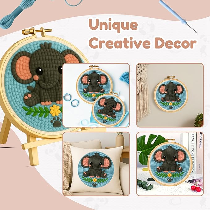 TEKWAVE Punch Needle Kit for Adults Beginners Little Elephant Design, Step-by-Step Video Pre-Printed Pattern and Written Instructions, DIY Embroidery Set with Yarn, Fabric, Hoop for Home Decor Crafts