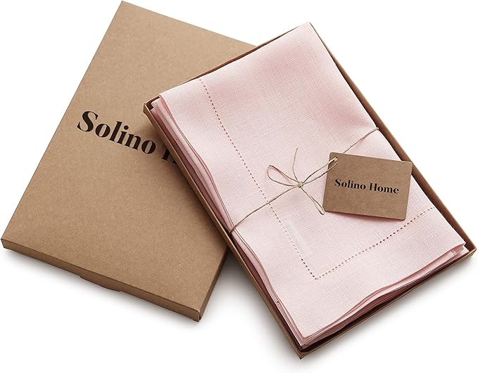 Solino Home Pink Linen Napkins Set of 6-100% Pure Linen Hemstitch Dinner Napkins 20 x 20 Inch for Valentines, Spring, Easter - Classic Hemstitch