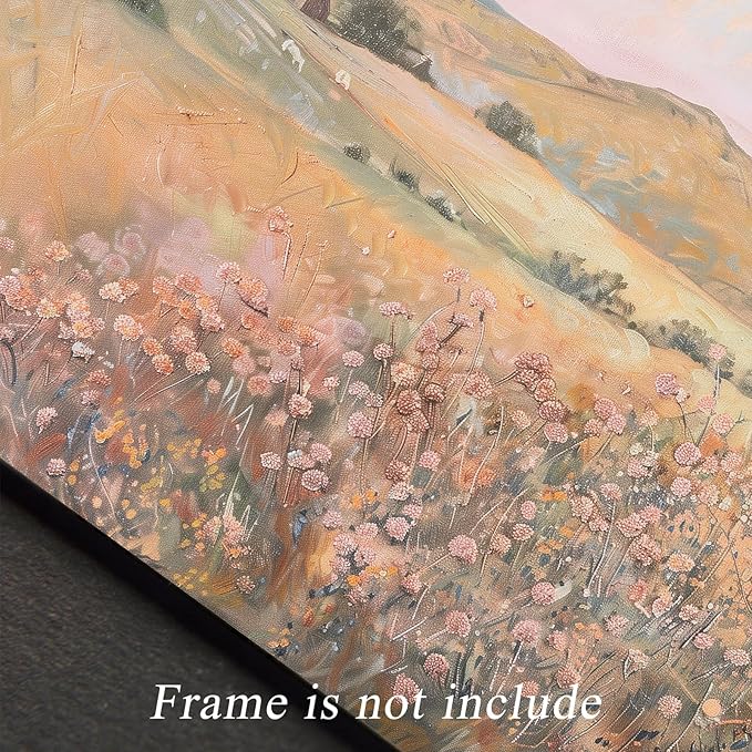 uniro Vintage Wall Art Prints Wildflower Farmhouse Wall Decor, Vintage Landscape Canvas Oil Painting Peach Pink Flowers Mounatin Artwork for Bedroom Nursery Decor (8" x 10"-UNFRAMED)