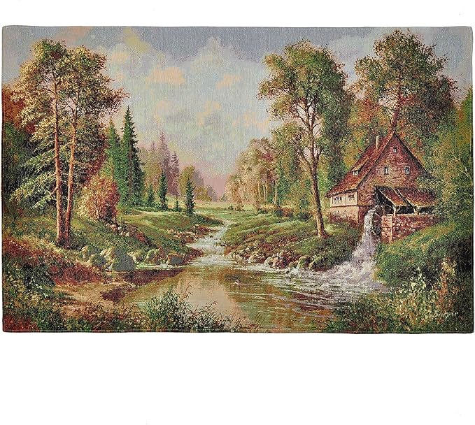 AureoMadis Vintage Woven Tapestry Wall Hanging | Lined Ludwig Fohlen Water Mill Fine Art | Rustic Forest Landscape Decor with Rod Pocket - 43" x 28.5"