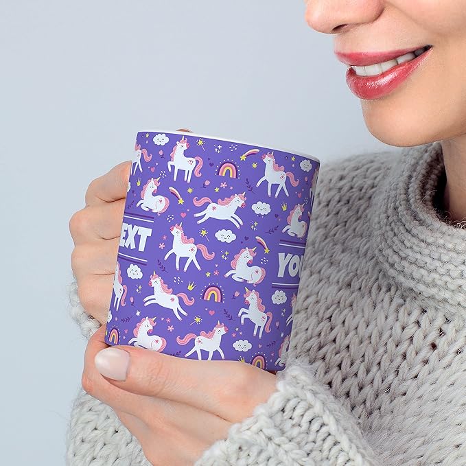 Personalized Mug for Kids - Purple Unicorn - Custom Name/Text, Ceramic Hot Chocolate/Cocoa/Coffee Cup for Girls, Birthday/Christmas/Holiday Gift - 15 oz, Red Handle