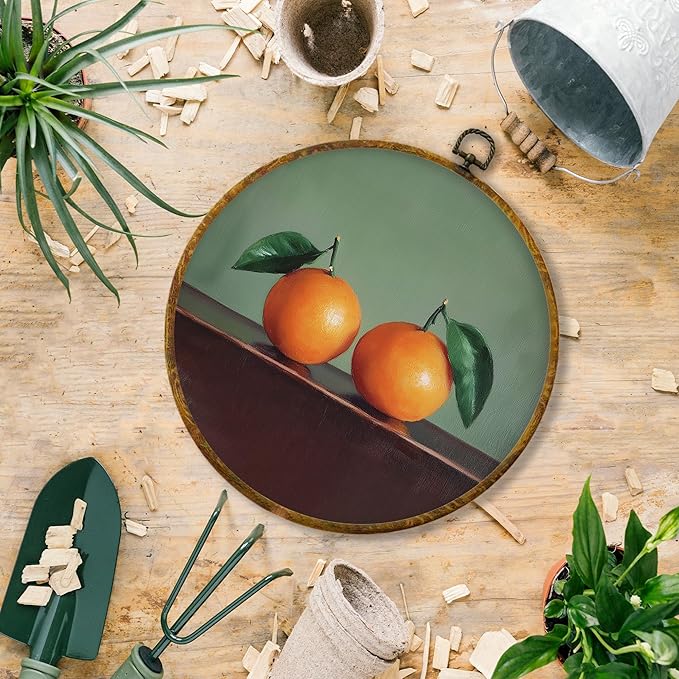 Hiuwevt Vintage Two Oranges Round Wall Art Decor, Retro Citrus Fruits Painting Hanging Canvas Prints Artwork Framed, Mild Green Still Life Circular Wall Decor for Home Living Room, 10x10 Inch