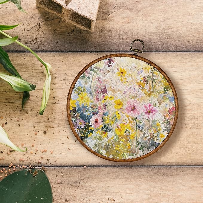 KSDUT Spring Floral Botanical Wall Decor Art - Pink Flower Wall Art Canvas Frame Hanging Prints, Preppy Trendy Wildflower Round Wall Art Decor for Farmhouse Gallery Home Decorations 10"x10"