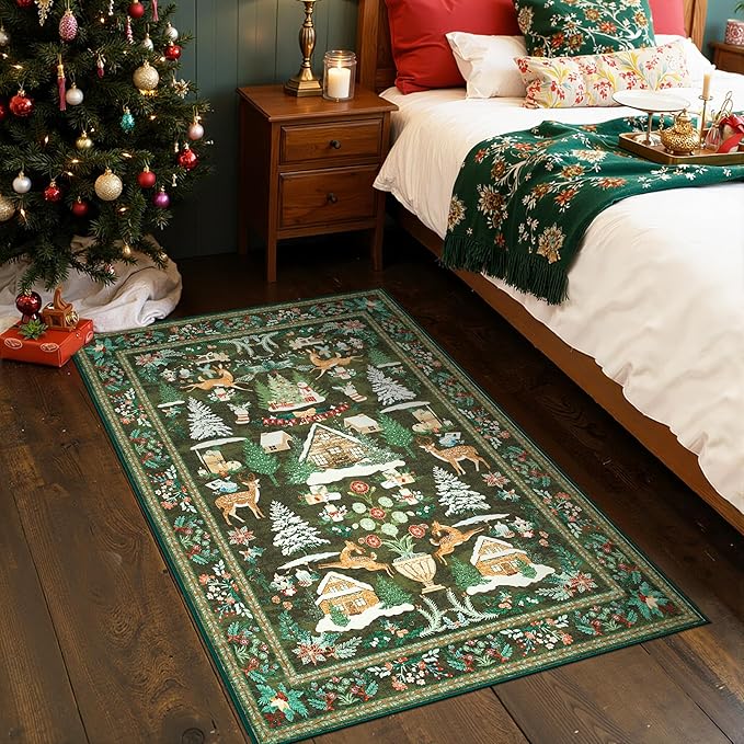 jinchan Christmas Rug 3x5 for Entryway Kitchen Green Holiday Rug for Bedroom Christmas Tree and Cabin Printed Xmas Decor for Living Room Bathroom Washable Non Slip Decorative Floor Carpet