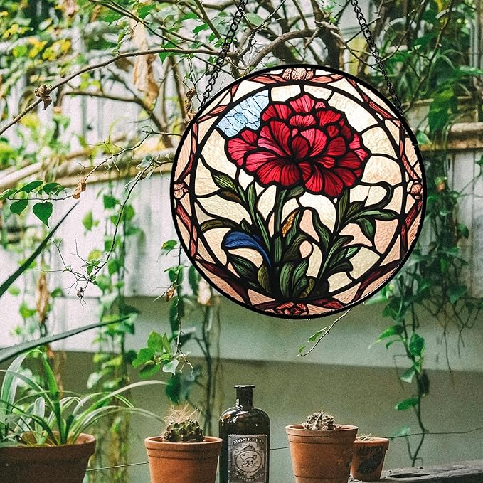 Stained Glass Window Hanging - Red Carnation Birth Flower Sun Catcher for Door Garden Home Decor Suncatcher Christmas Mother's Day Birthday Gifts for Women Men Mom Nana Friend Wife 9.8 in