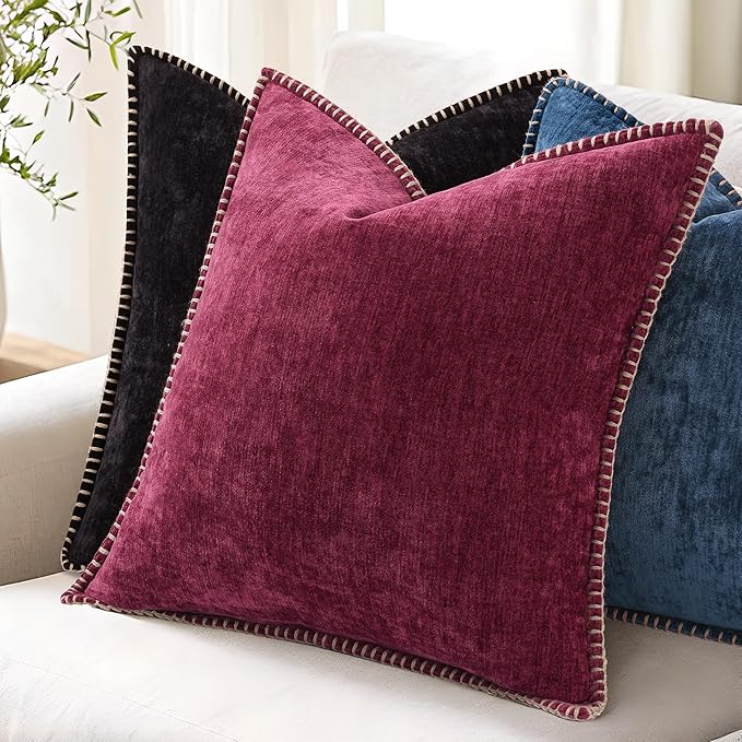 decorUhome Spring Chenille Soft Throw Pillow Covers 26x26 Set of 2, Farmhouse Velvet Neutral Decorative Euro Sham Pillow Covers with Stitched Edge for Couch Sofa Bed Home Decor, Rhododendron