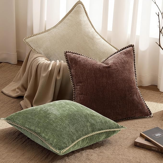 decorUhome Spring Chenille Soft Throw Pillow Covers 18x18 Set of 2, Farmhouse Velvet Neutral Decorative Pillow Covers with Stitched Edge for Couch Sofa Bed Home Decor, Olive Green
