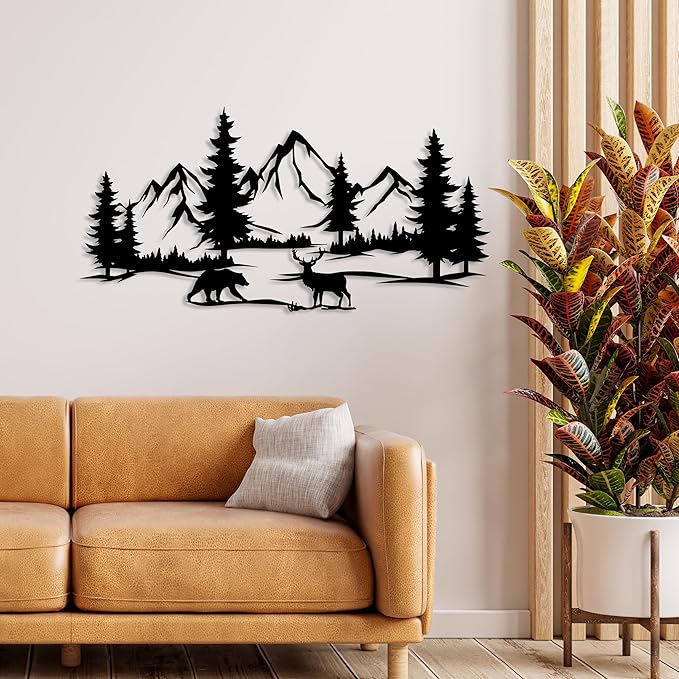 DecoSoul Mountain & Forest Metal Wall Art - Extra Large Farmhouse Wall Decor, Pine Tree & Bear Outdoor Metal Sign, Mountain Range View, Housewarming Gift