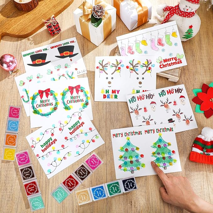 48 Sets Christmas Cards Making Crafts Kits 4 x 6 Inch DIY Thumbprint Christmas Crafts with Ink Pad Fingerprint Make Your Own Folded Greeting Card Making Kit for Xmas Gifts Fun Home Activity