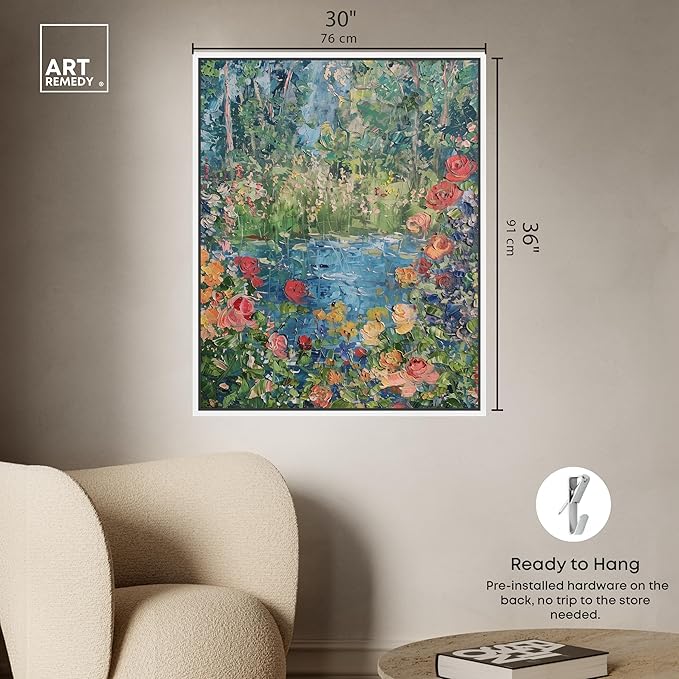 Art Remedy Serene Escape Framed Impressionism 1 Piece Canvas Wall Art/Monet And Van Gogh Inspired Art, 31" x 37", White Frame