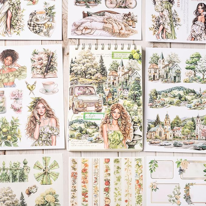 Scrapbook Sticker Book, Fresh Green Journaling Stickers, Junk Journal Supplies, Pre-Cut Aesthetic Scrapbooking for Adults, Decorative Ephemera Bullet Planner DIY Arts Craft Collage