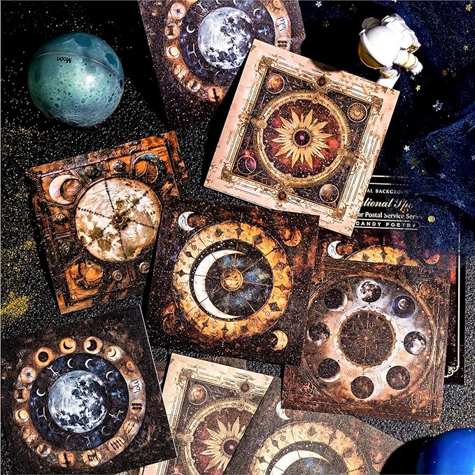 60 Sheets Fantasy Lunar Celestial Scrapbook Paper, Vintage Self-adhesive Moon Spaces Planets Scrapbook Decorative Paper for Journaling, Junk Journal, Art Supplies