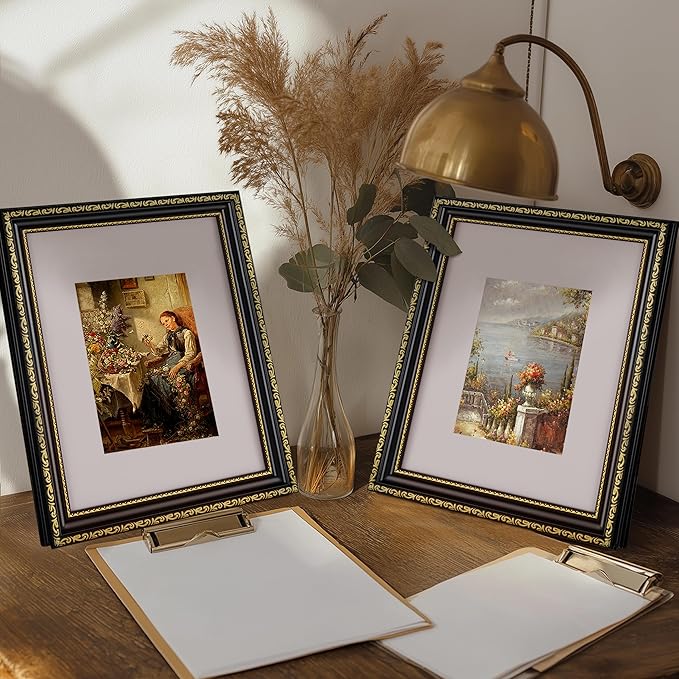 eletecpro 8x10 Picture Frames Set of 4, Vintage Photo Frame with Glass, Frames 8 x 10 Display 5x7 Photo with Mat or 8x10 without Mat for Tabletop or Wall Decor, Black Gold
